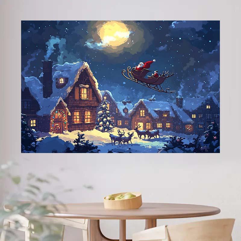 Santa Claus Sled Village Christmas Background with Moon Snow and Reindeer - Polyester No Power Required