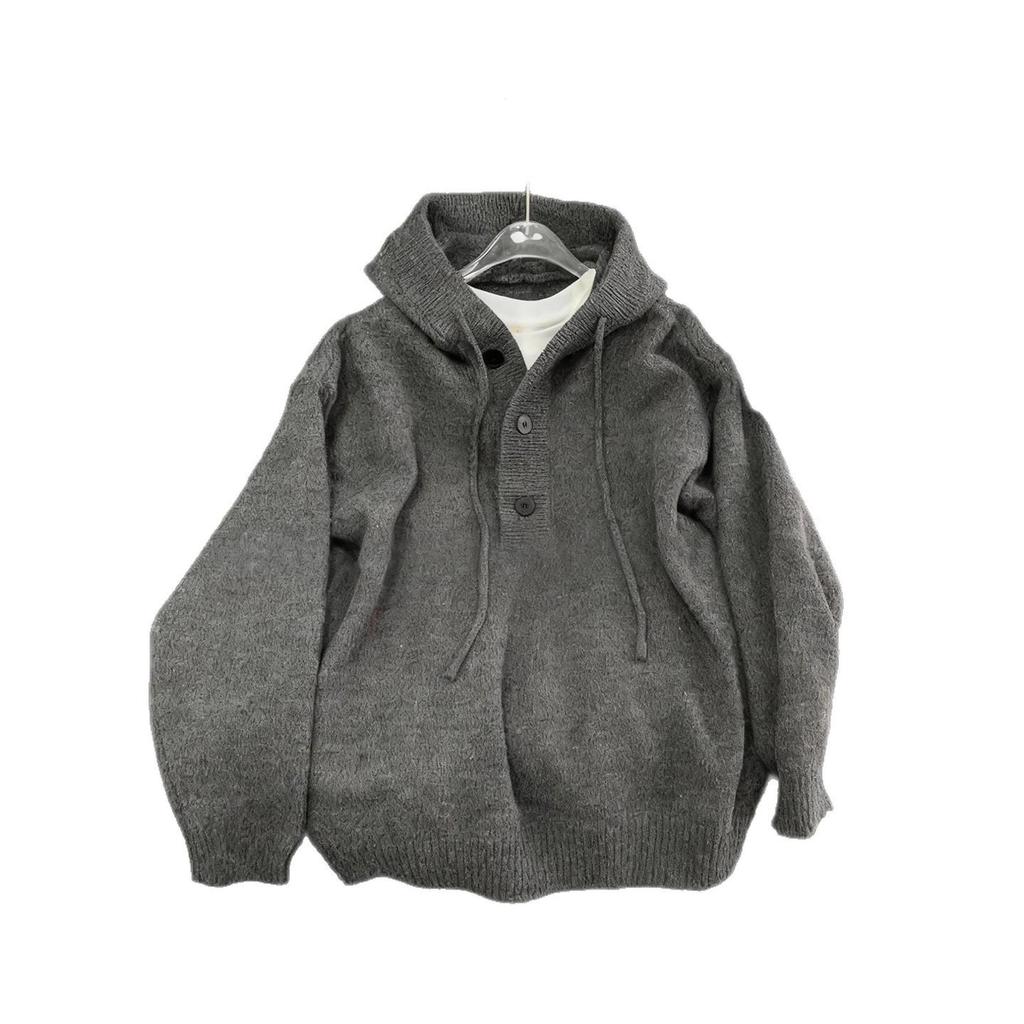 Men's Deep Gray Heavyweight Hooded Henley Pullover Knitwear - Autumn/Winter High-End Outerwear