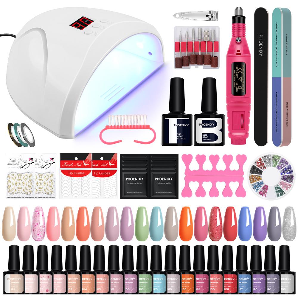 

PHOENIXY Полный набор инструментов для дизайна ногтей 20 шт. Гель-лак с УФ/LED лампой 36 Вт Полуперманентный УФ-гель лак Дизайн ногтей Набор для маникюра