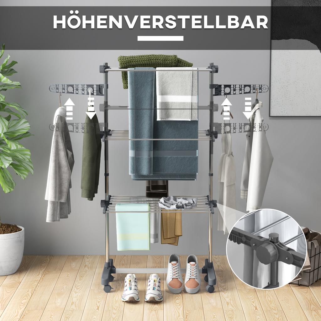 Three-Shelf Collapsing Clothes Horse, With Side Arms and Wheels - Grey
