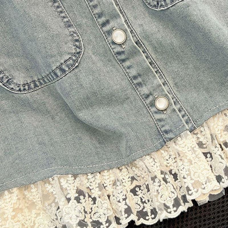Lace Patchwork Short Denim Vest Women's 2025 Summer New Loose Flying Sleeve Vest Jacket Female