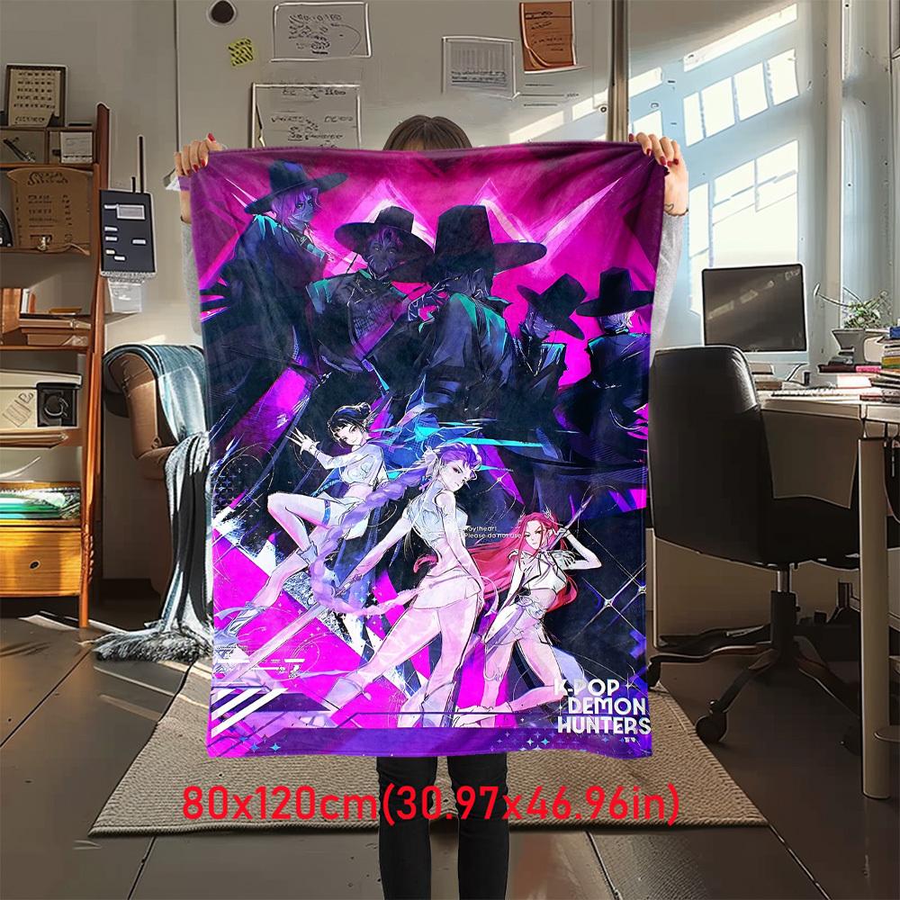 1Pc K-Pop Demon Hunters Print Flannel Blanket, Comfortable for All Seasons, Home Decor, Warmth and Comfort, Perfect for Christmas Gifts821068