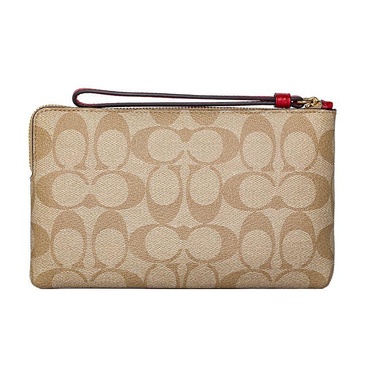Coach Corner Zip Carriage Pattern Coated Canvas And Leather Wallet Women wallet Beige Brown C2259-IMOT4