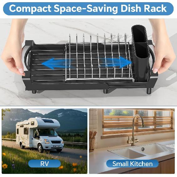 Simple Trending Small Dish Drying Rack, Compact Expandable Dish Rack with Cutlery Holder, Sink Dish Drainer for Kitchen Countertop, Black