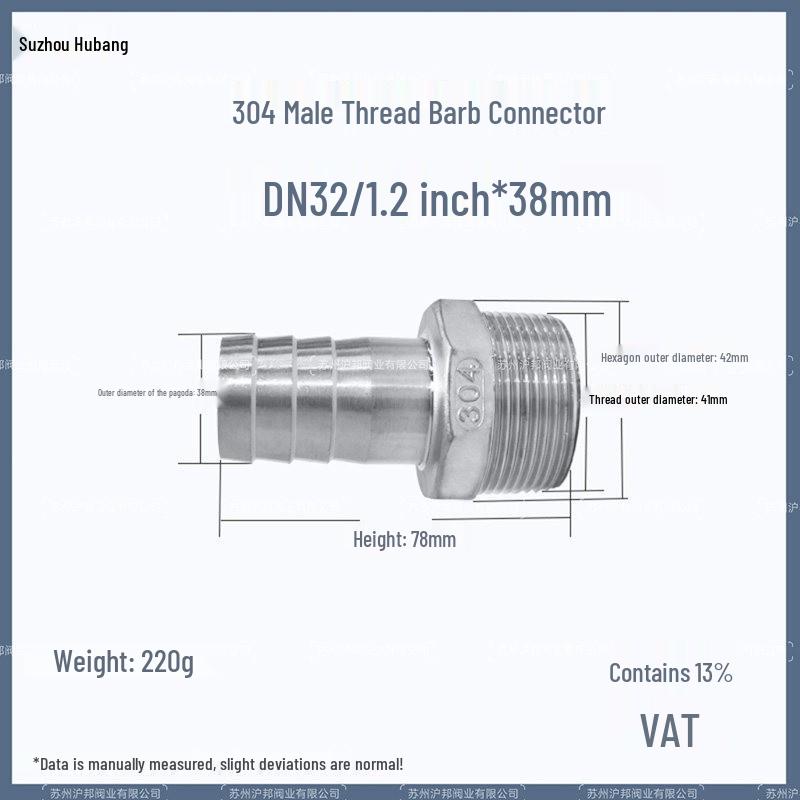 1" Hexagonal Barb Connector, 304 Stainless Steel for Water Pipe Hose, 316 Male Thread Plug