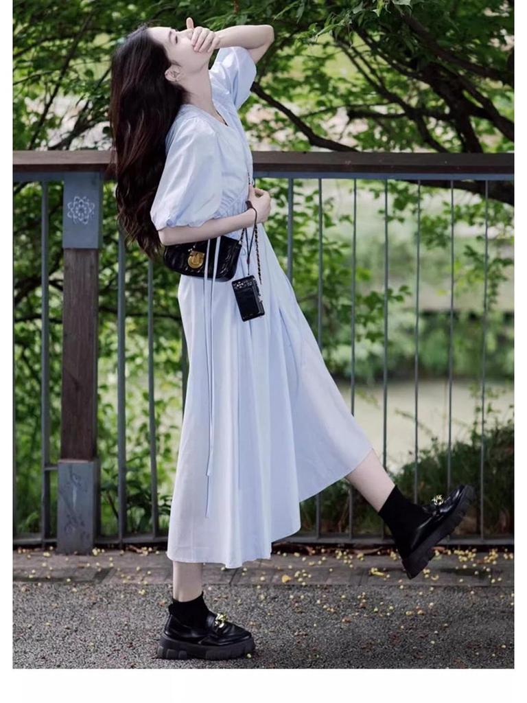 French Blue V-Neck Puff Sleeve Tea Break Dress - Women's Summer Slimming Lace-Up Waist Elegant Skirt