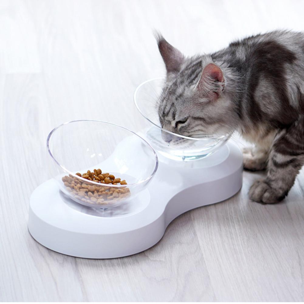 Pet Feeder 20  degrees  Adjustable Pet Cats Drinking Feeding Bowl Transparent Double Cat BowlWhite