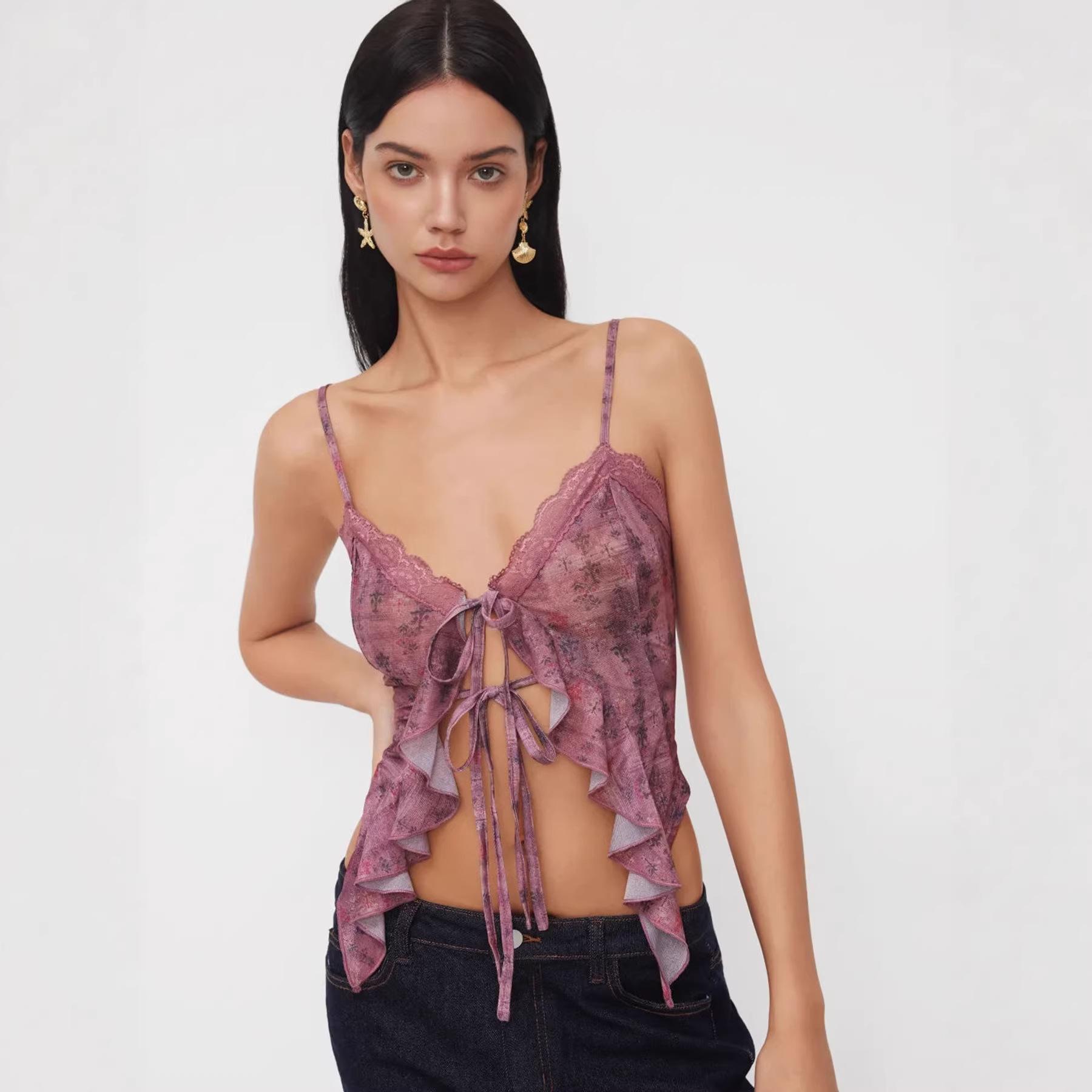 American Spice Girl Lace Bottom Shirt Women s Summer Lotus Leaf Edge Retro Floral Splicing Vacation Suspender Vest Mesh Top XS кармин