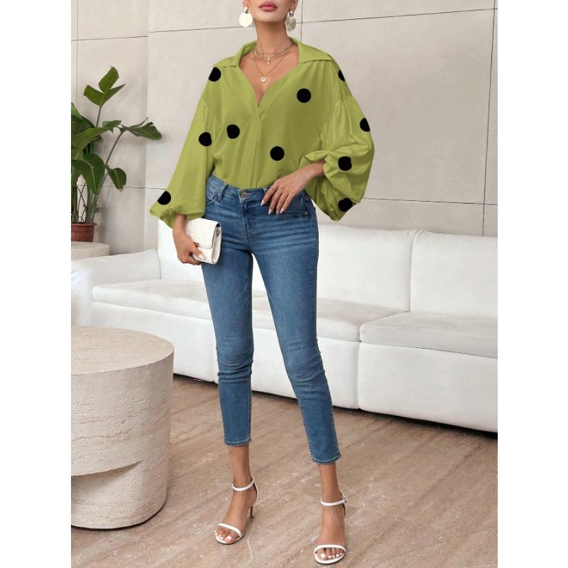 Loose Lantern Sleeve Blouse With Polka Dot Half Open Collar