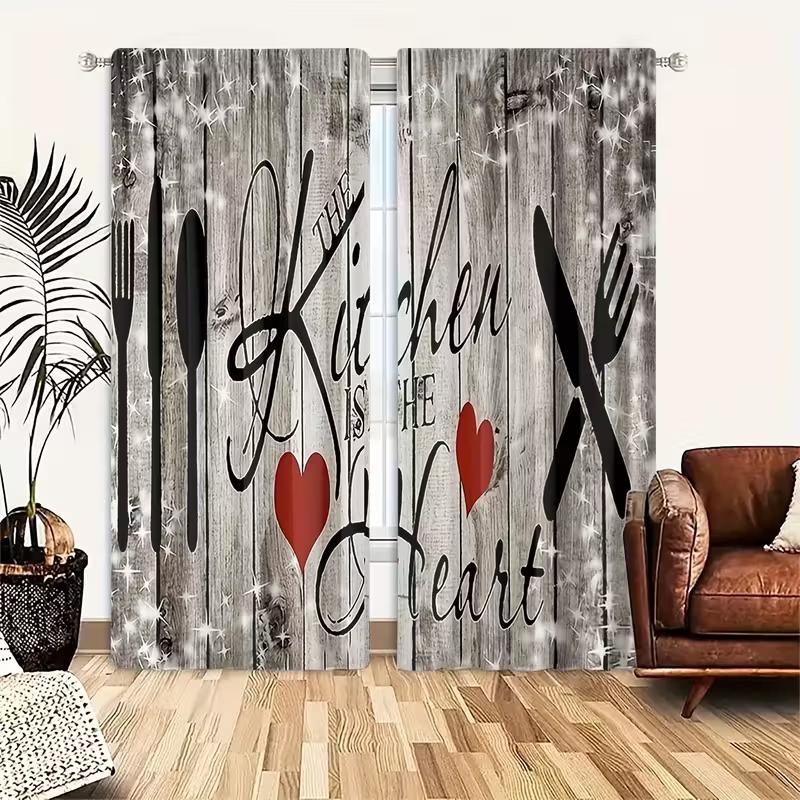 2pcs Kitchen Utensil & Wooden Patterned Curtains   Design for Kitchen Window Decoration   Rod Pocket Curtains
