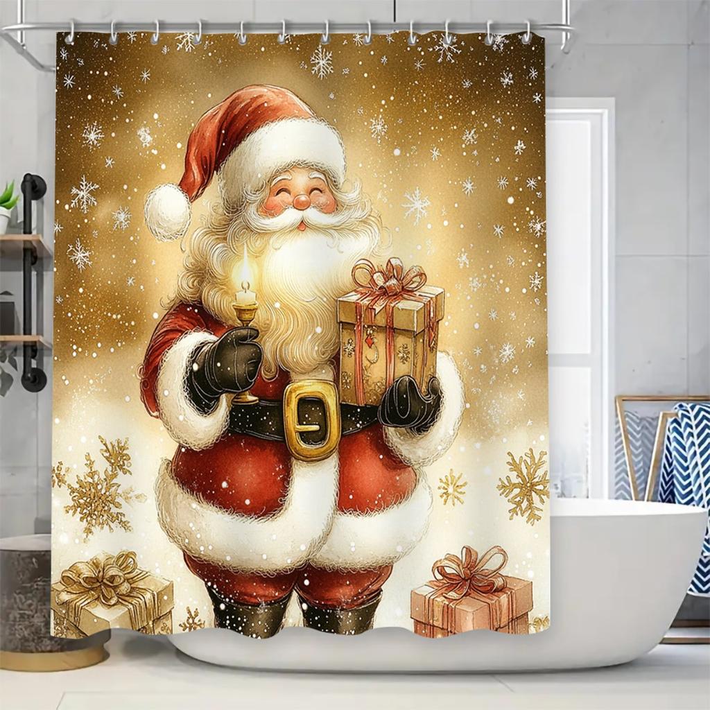 4Pcs Christmas Gift Bathroom with Santa Claus Shower Curtain Set with Non-Slip Bath Mat, Toilet Lid Cover, Contour Rug & 12 Hooks, Bathroom Decor