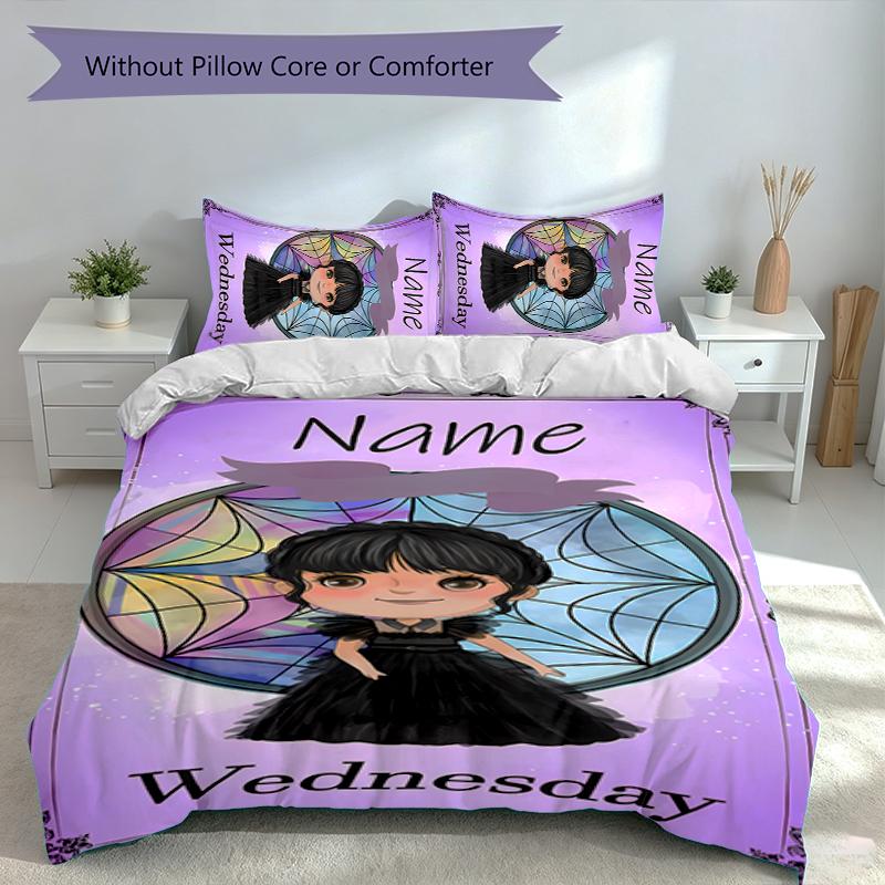 3pcs Custom Name Wednesday Addams Bedding Set,Includes 1 Duvet Cover and 2 Pillowcases,All-season Bedroom Decor