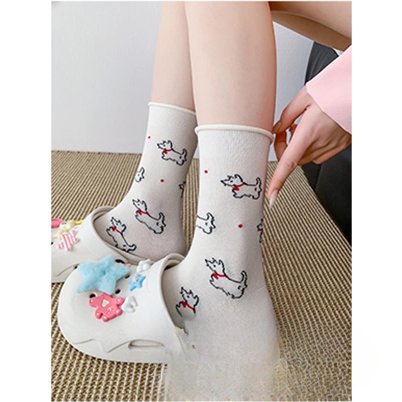 Female Fall Striped Cartoon Cute Preppy Bow Puppy Mid Tube Socks