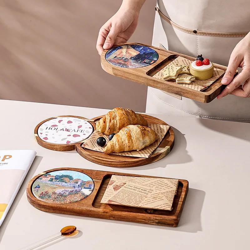 Japanese Solid Wood Tray Afternoon Tea Cake Small Meal Plate Dim Sum Snack Wood Tableware Household Bread Dessert