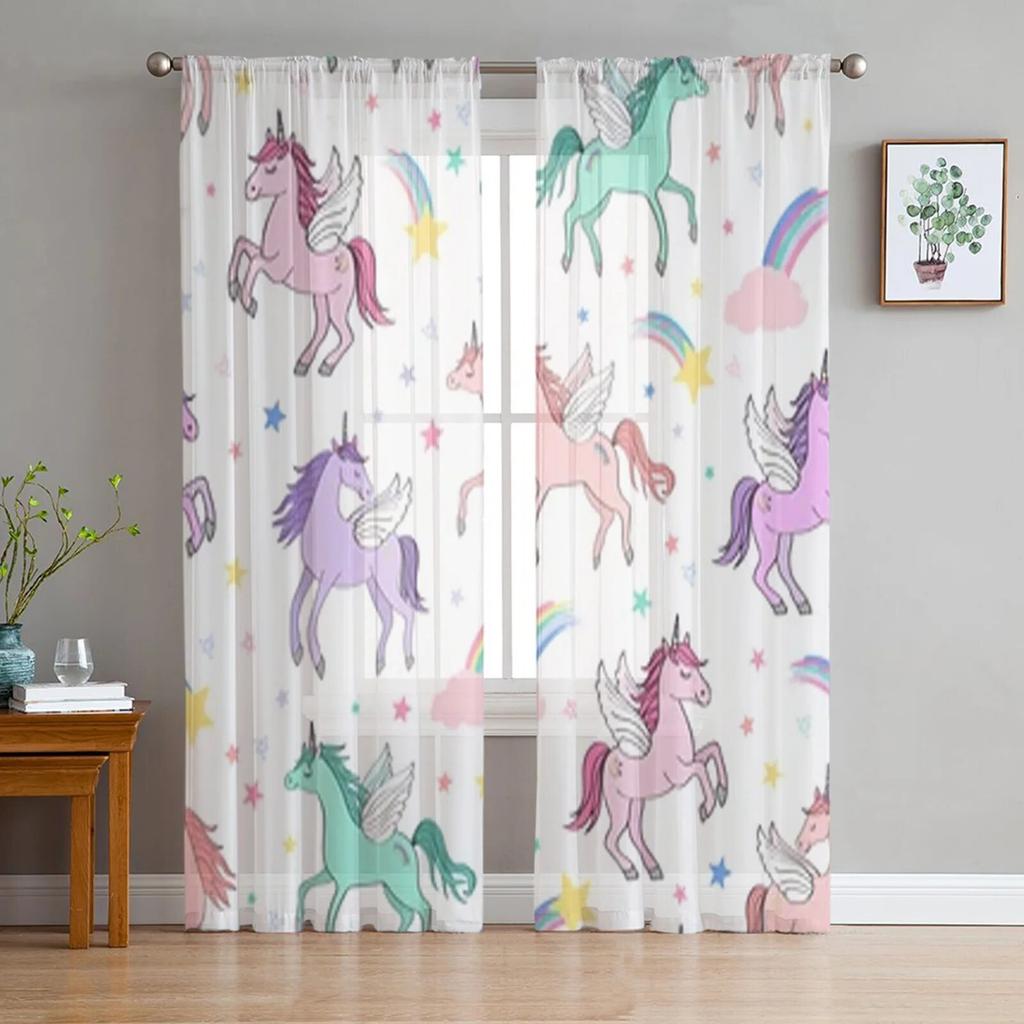 Cartoon Cute Unicorn Tulle Sheer Window Curtains For Living Room The Bedroom Modern Chiffon Voile Curtains Fabric Drapes