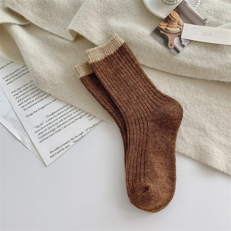 Color-Blocking Double-Needle Merino Wool Socks New Women'S Socks Thickened Warm Mid-Leg Socks Cold-Proof Socks