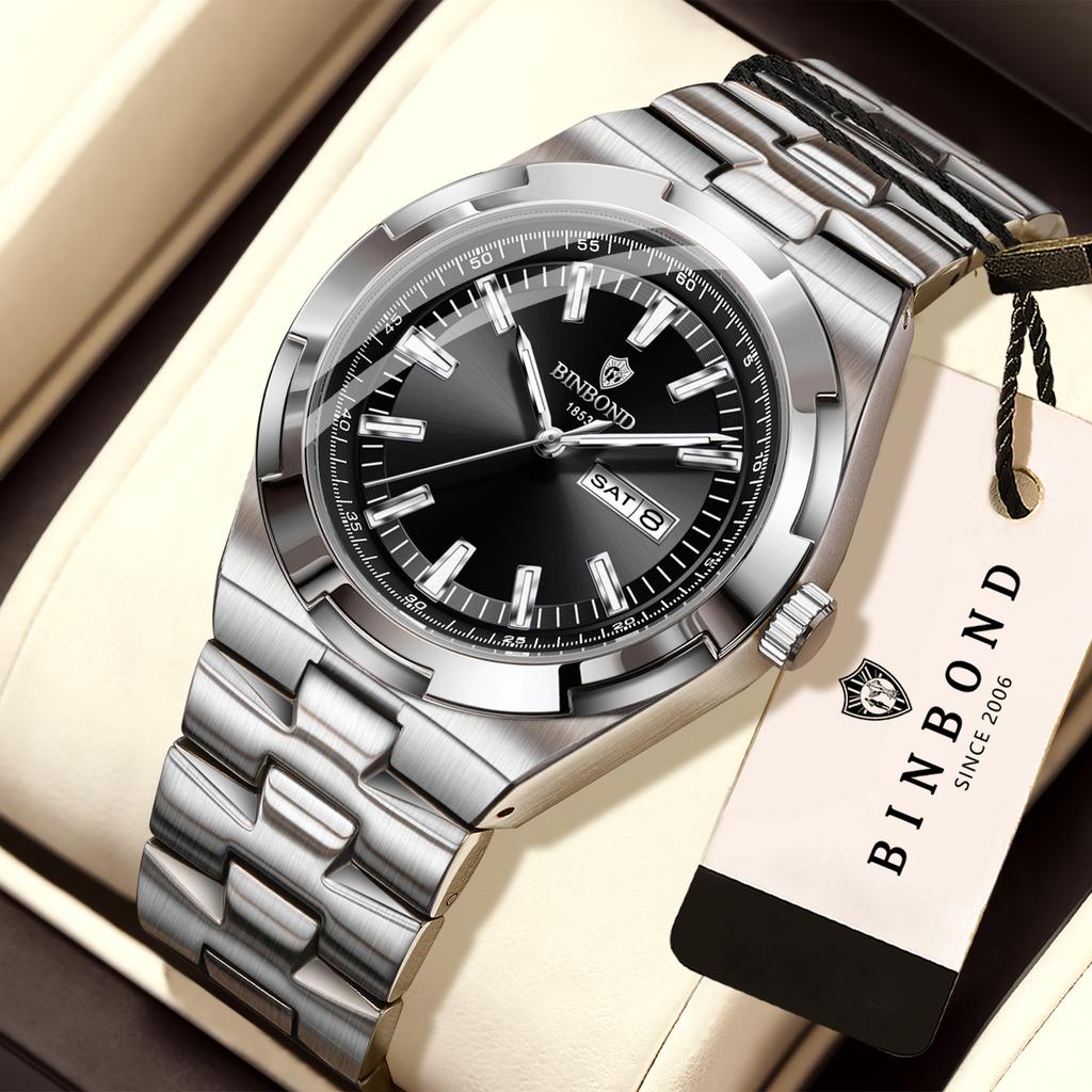 BINBOND Sturdy Waterproof Quartz Watch For Men Luxury Auto Date Week Display Luminous Precise Men's Watches Orginal Reloj