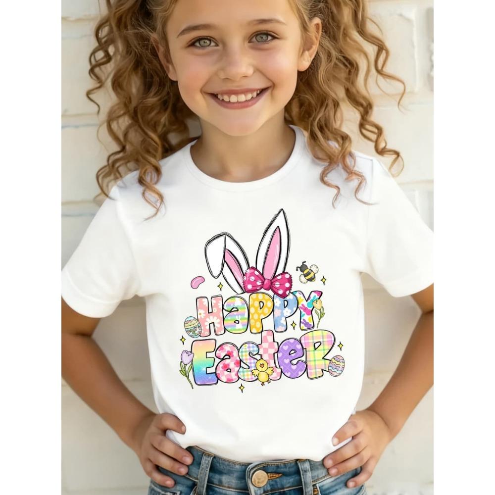 2026 Happy Easter T-Shirt for Girls Bunny Cute Rabbit Ear Letter Graphic Summer Tee Boys Girls Short Sleeve Children's Clothing