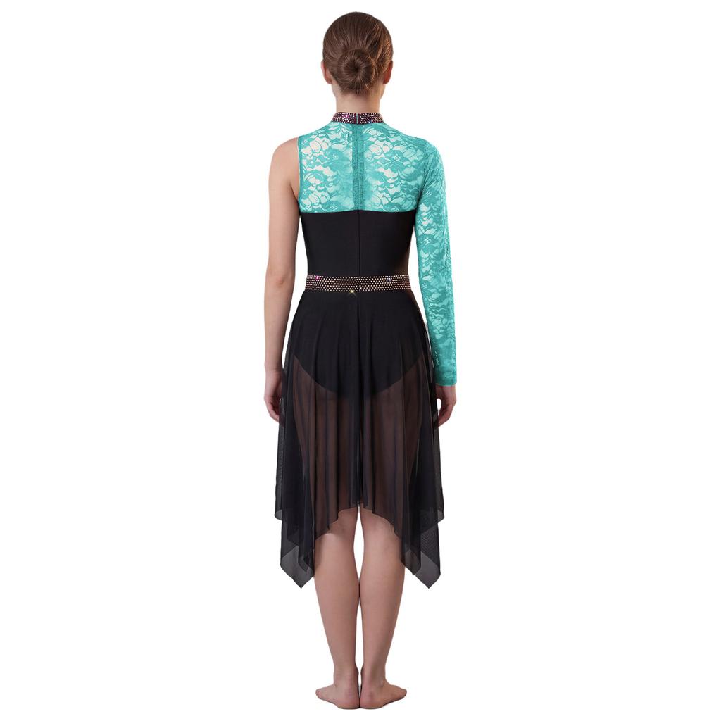 Damen Lyrical Dance Asymmetrisches Bodysuit-Kleid Einzelner Langer Ärmel Blumenspitze Unregelmäßiger Saum Rock