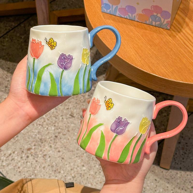 Girls Heart Ins Wind Hand-painted Tulip Ceramic Cup Girls Senior Sense Souvenir Couple Flower Mug