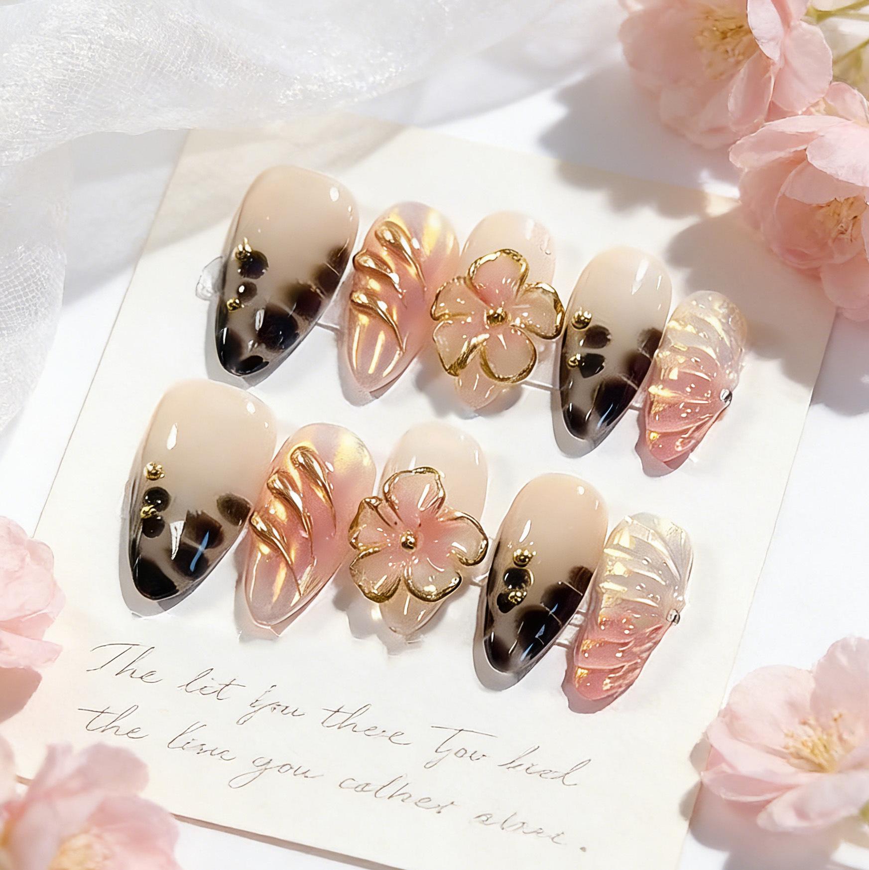 Leopard Print Almond Nails with Gold Leaf & 3D Flower Design - 30-Piece Set Finished Strip (Three Sets with Full Rhinestone)