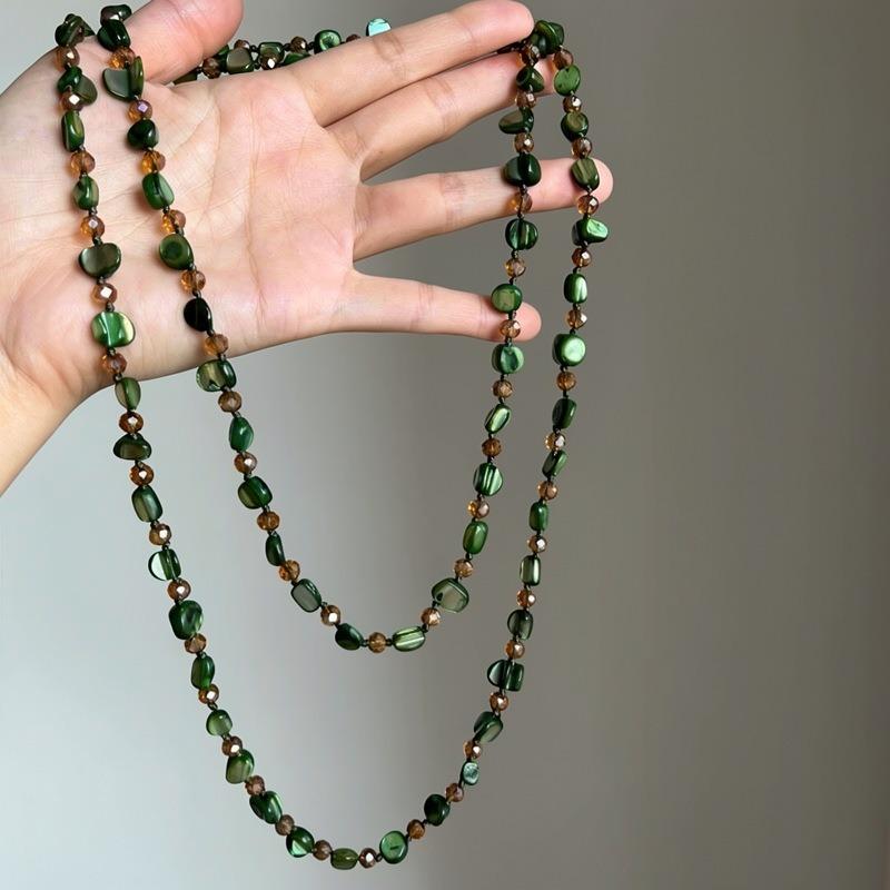 Mori green shell beaded stacked long necklace bohemian spring and summer collarbone chain women's high-end neck chain