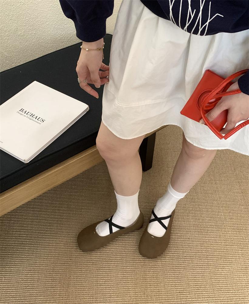 Leather Niche Round Head Cross Elastic Band Flat Ballet Shoes Mary Jane Shoes Women's Summer and Autumn 2025 Single Shoes