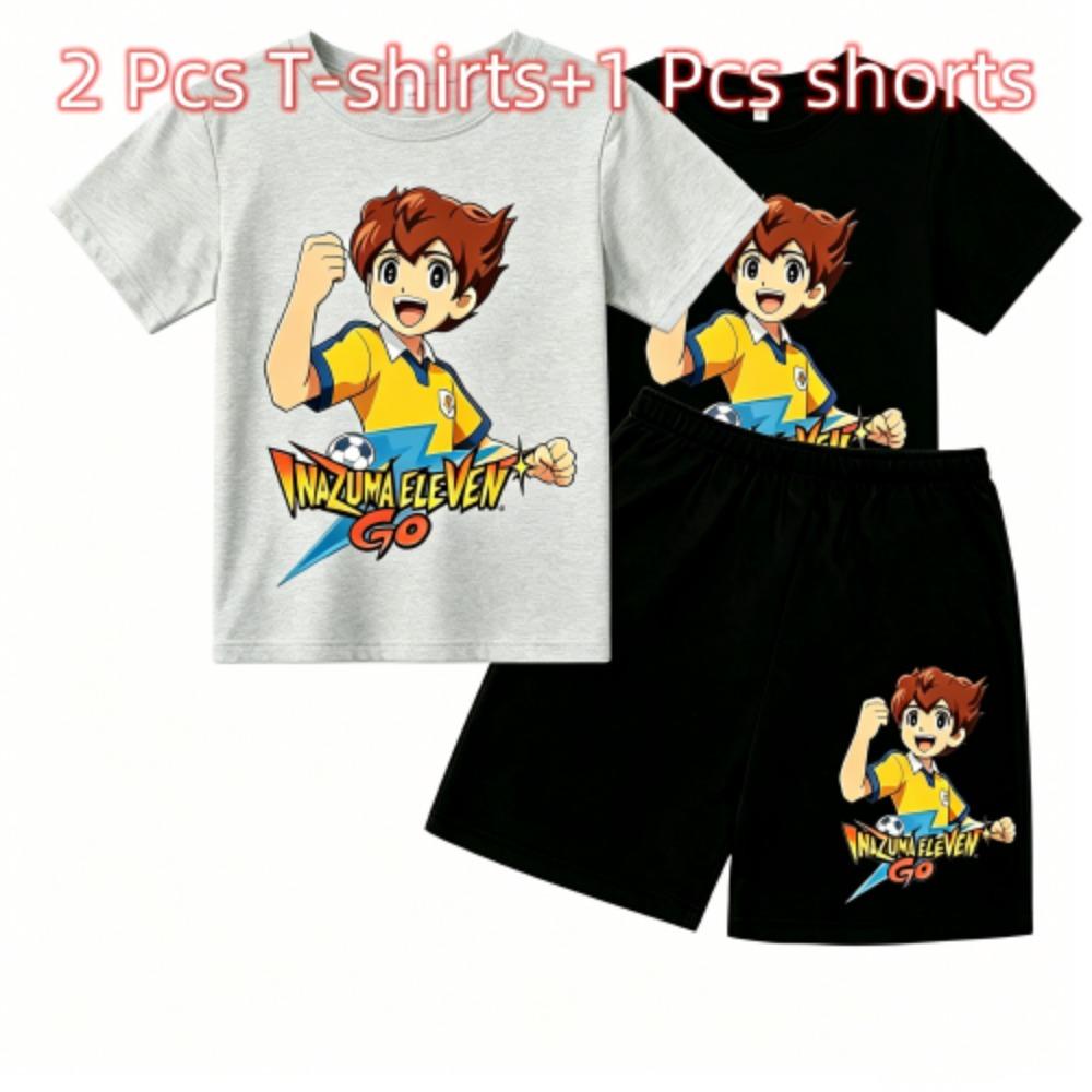 Fashion Anime Football Boy Game Print Outdoor Street Kids T-shirt and Shorts Summer Home Casual Outfit Boy and Girl's Sports Set