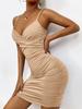 2024 Summer V-Neck Backless Spaghetti Strap Bodycon Dress - Ruched One-Piece for Women