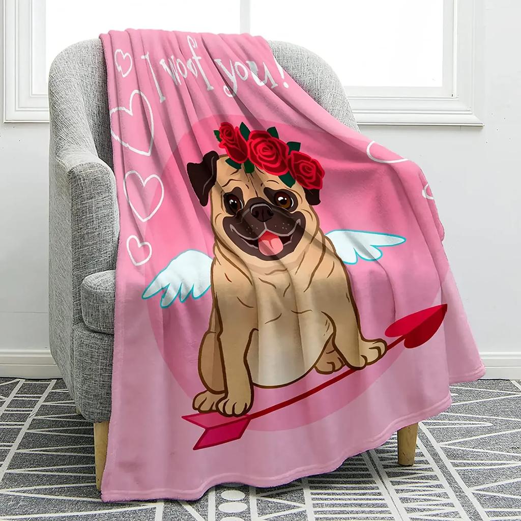 Cute Pet Pug Dog Print Blanket Soft Colorful Flannel Throw Blanket for Sofa Chair Bed Office Travelling Camping Lightweight
