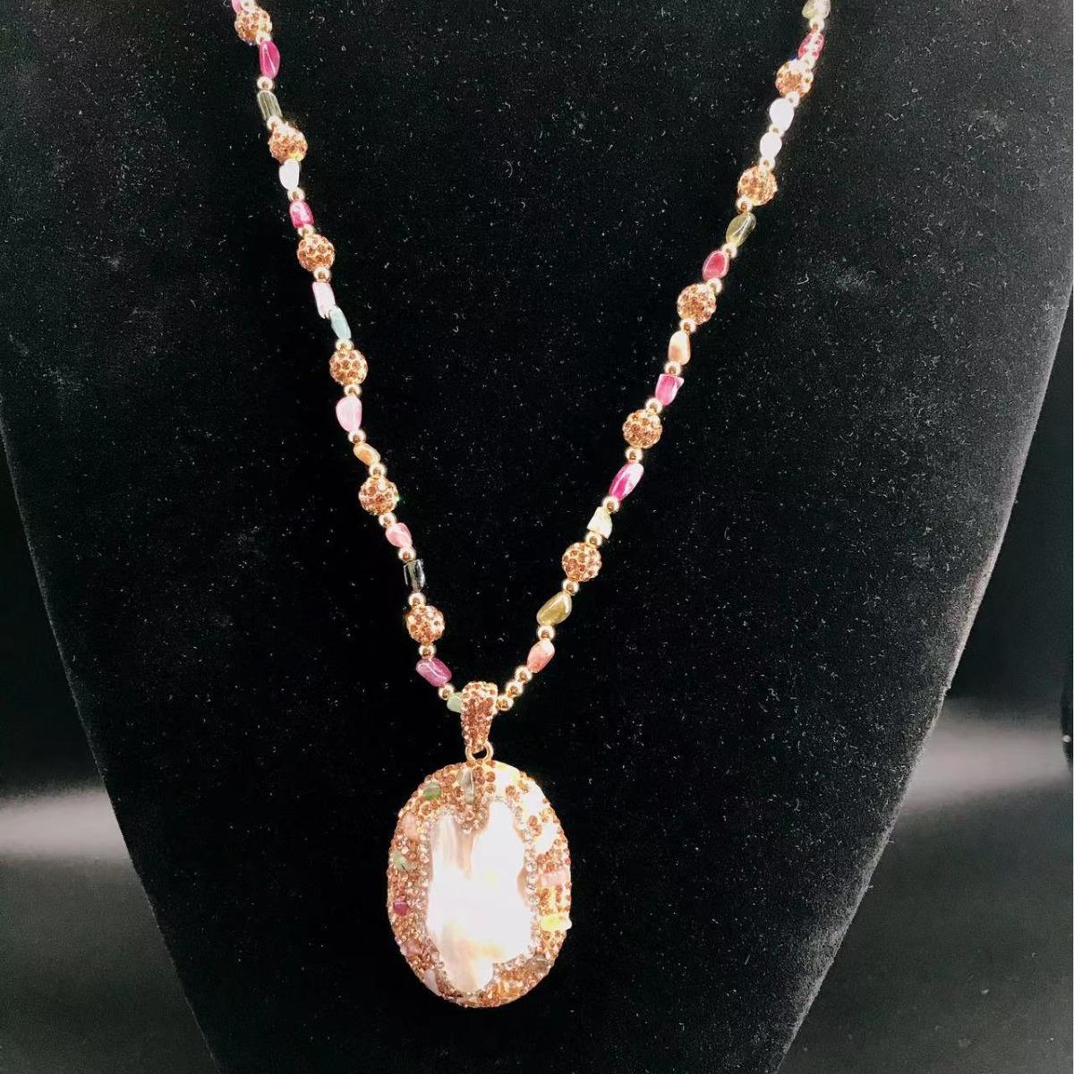 

Натуральный жемчуг в форме барокко, турмалиновая цепочка, инкрустированная бриллиантами, цепочка для свитера, дизайнерское ожерелье ручной работы