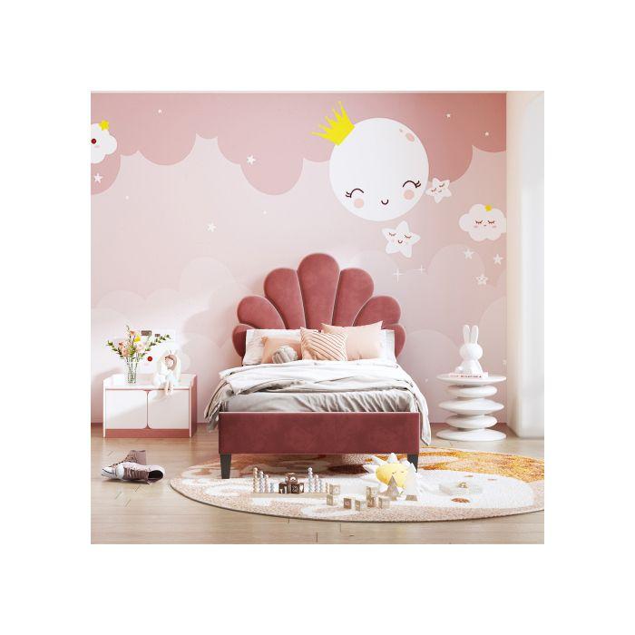 Lit d'enfant - MUVOE - 90x200cm - Tête de lit fleur - Velours rouge haricot - Montage facile