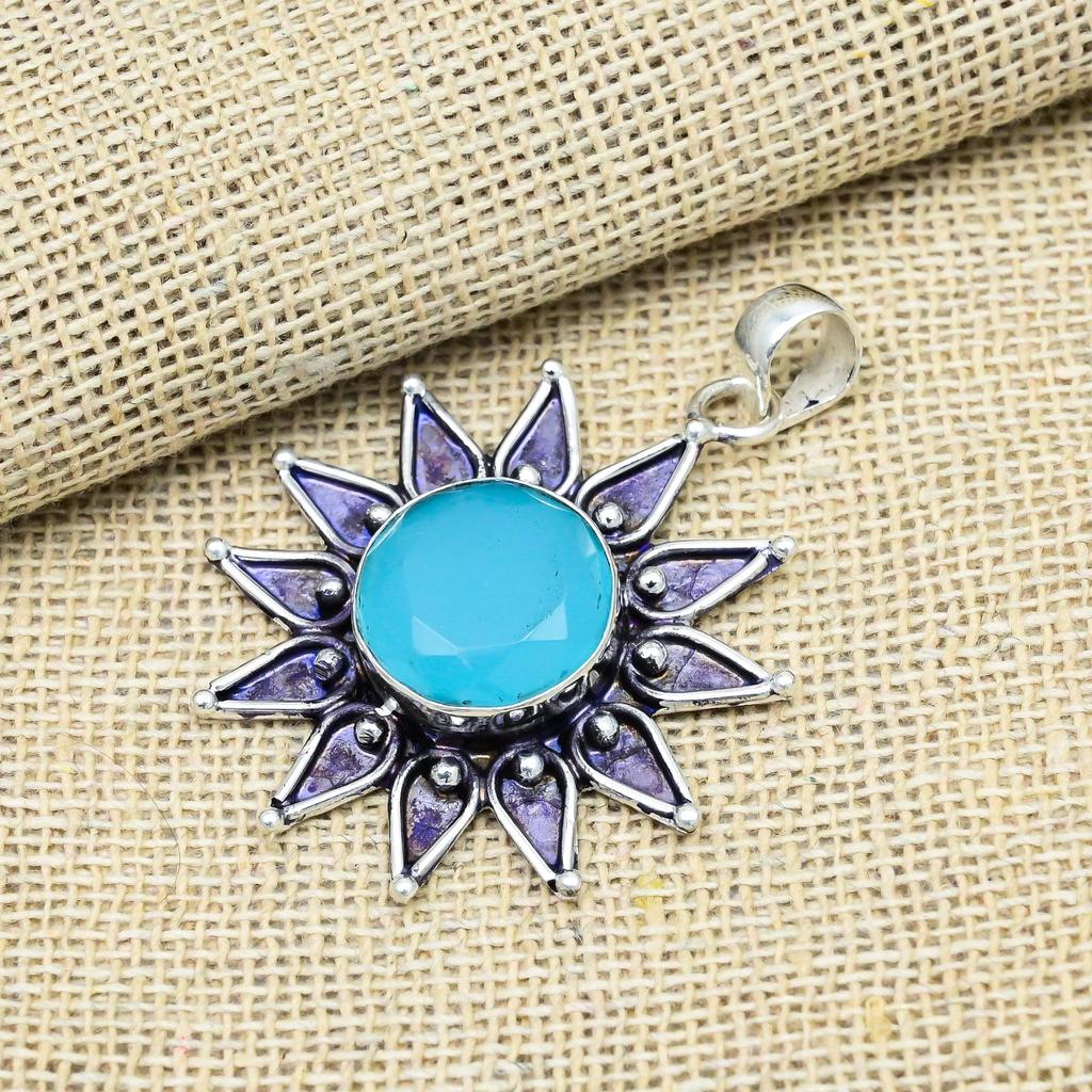 Blue Chalcedony Gemstone Jewelry 925 Sterling Silver Handmade Wonderful Pendant For Women