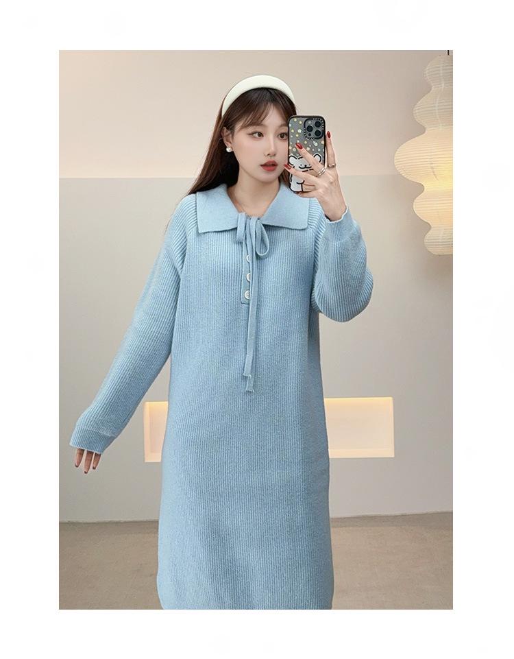 Ai Yuan 2025 Winter Plus Size Women's Loose POLO Collar Lace-up Knit Dress F716