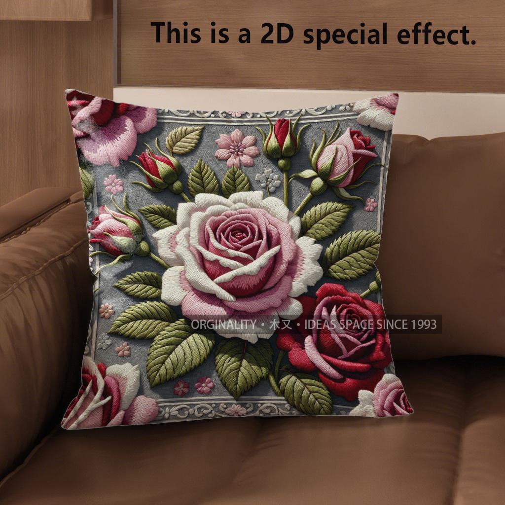 2D Vintage Embroidered Rose Throw Pillow Covers** Pattern Cushion Cover Suitable For Sofa Bedroom Car Pillow Cover