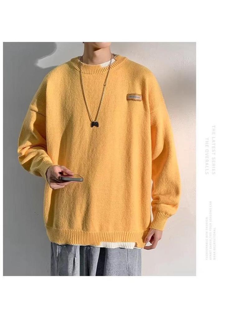 Hong Kong Style Men's Winter Fake Two-Piece Round Neck Sweater - Thick, Loose, Warm Knitwear