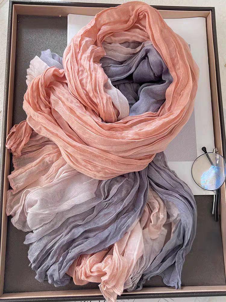 Gradient Blue Cotton-Linen Scarf: Retro Versatile Print, Long Pleated Women's Accessory for Autumn/Winter