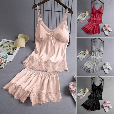 Women's Satin Pajamas Set Lace Cami Top And Shorts Two Piece Sleepwear with Built-in Bra Sexy Camisole Lounge Set