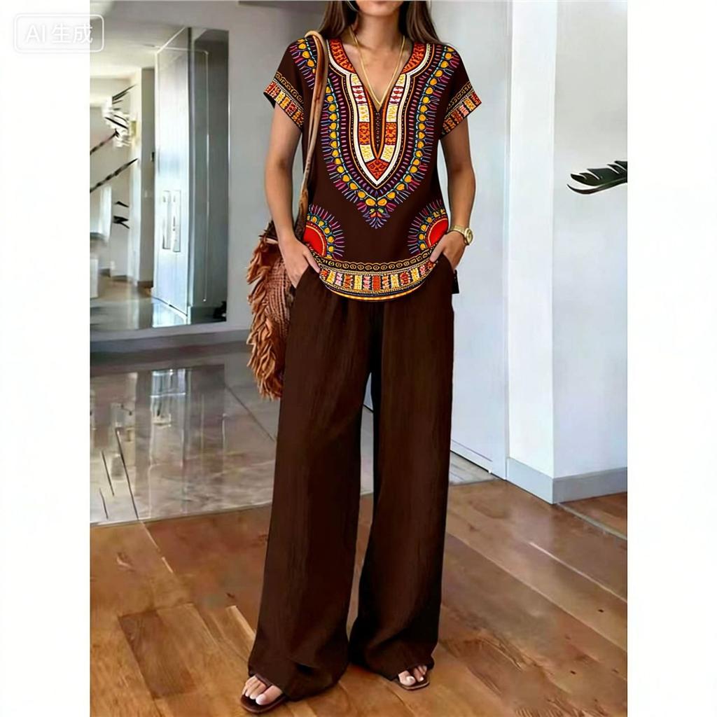 1116 New Light Luxury European and American Style Printed Two-piece Set, Printed Top, Comfortable Elastic Wide-leg Pants Women's Suit