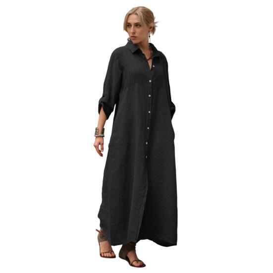 Women's Cotton Linen Shirt Dress Casual Rolled-Up Sleeve Button Dowm Maxi Dress Summer Loose