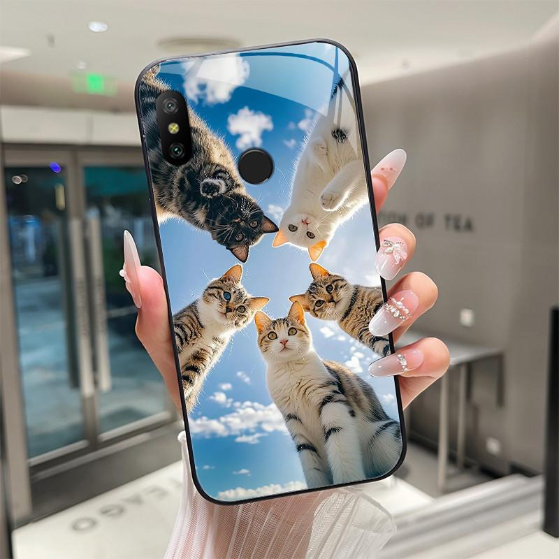 Beautiful Flower Cute Cartoon Cats Case For Xiaomi Mi A2 / Mi A2 Lite Tempered Glass Phone Case Protective Back Cover Hard Shell