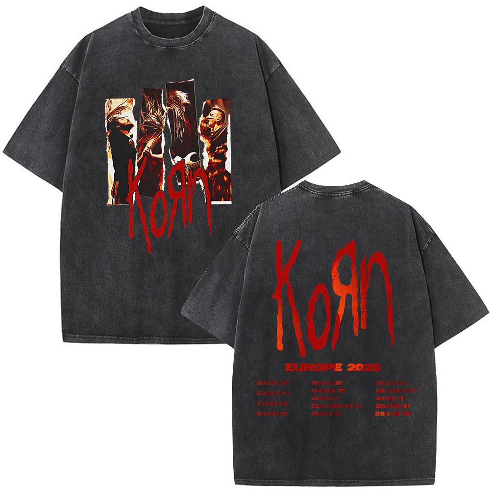 Korn Europe Tour Vintage Washed T Shirt Fan Gifts Metal Gothic Rock Band Tshirts Mens Clothing Casual Short Sleeve Tshirt