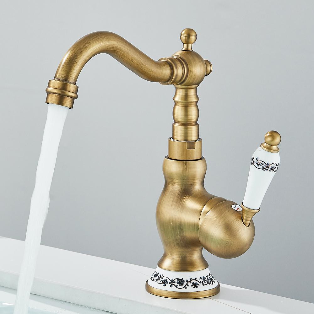 Antik Pirinç Lavabo Musluğu Tek Kollu Karıştırıcı Musluk 360 Derece Döndürme Mutfak Musluğu Mutfak Karıştırıcı Muslukları Sıcak ve Soğuk