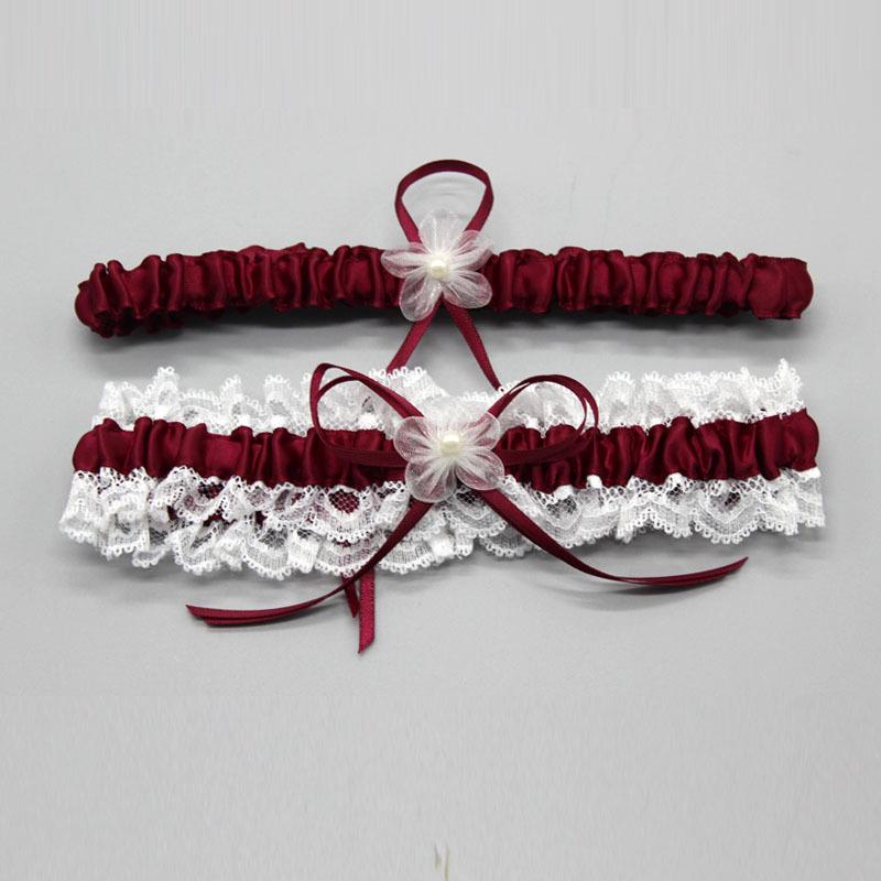 Bride's Lace Bow Garter in Milan Navy, Wine, Dark Red, or Rice White