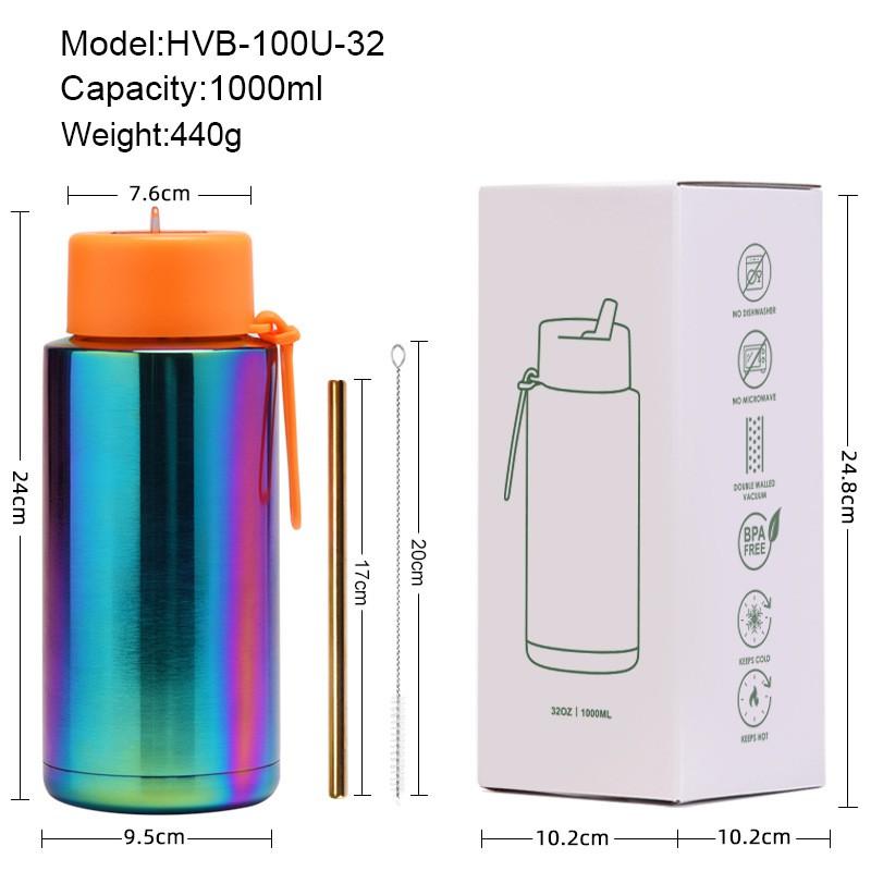 1L Large Capacity Stainless Steel Travel Water Bottle With Straw Lid Portable Outdoor Sports Insulated Cup