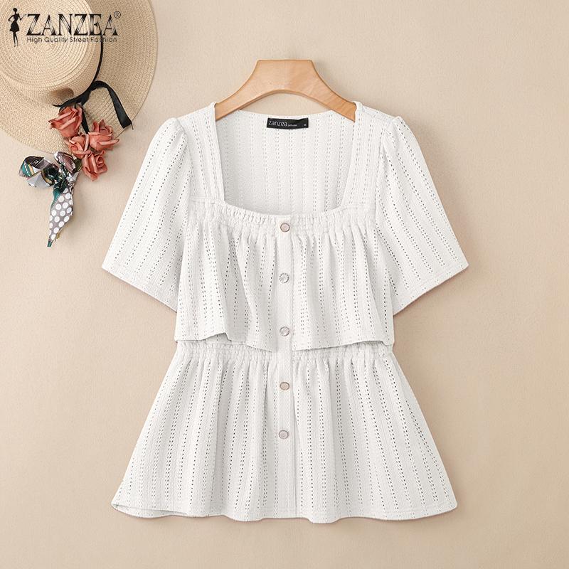 ZANZEA Women Square Collar Short Sleeve Layers Ruffled Hollow Casual Blouse