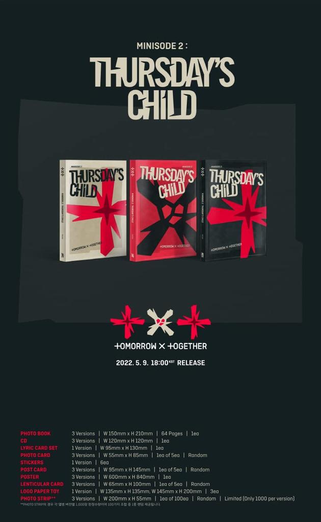 TXT Minisode 2 Child 4th Mini Album HATE Version Card Lenticular Logo Paper Sealed Thursday's CD+1p Poster+64p PhotoBook+Lyrics SET+1p PhotoCard+6ea