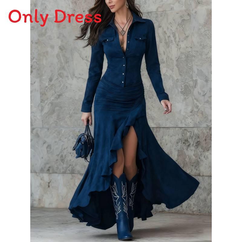English Dress Long Sleeve Round Neck Zip Back Asymmetrical Hem For Casual Autumn