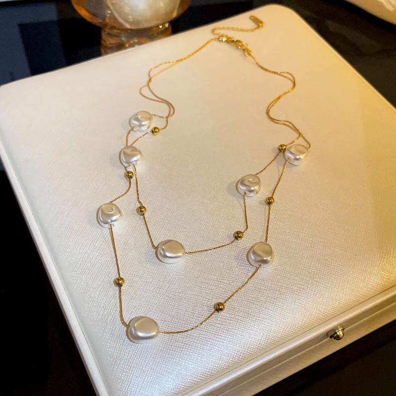 

2023 Теплое Золото Барочный Жемчуг Двухслойное Ожерелье на Ключицу - Шикарный Чокер из Титановой Стали