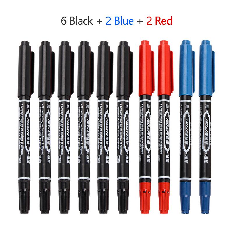 10Pcs/Set Double Sided Permanent Markers Pens Fine Point Waterproof Ink Thin Nib Crude Nib Black Ink School Supplies Markers Pen